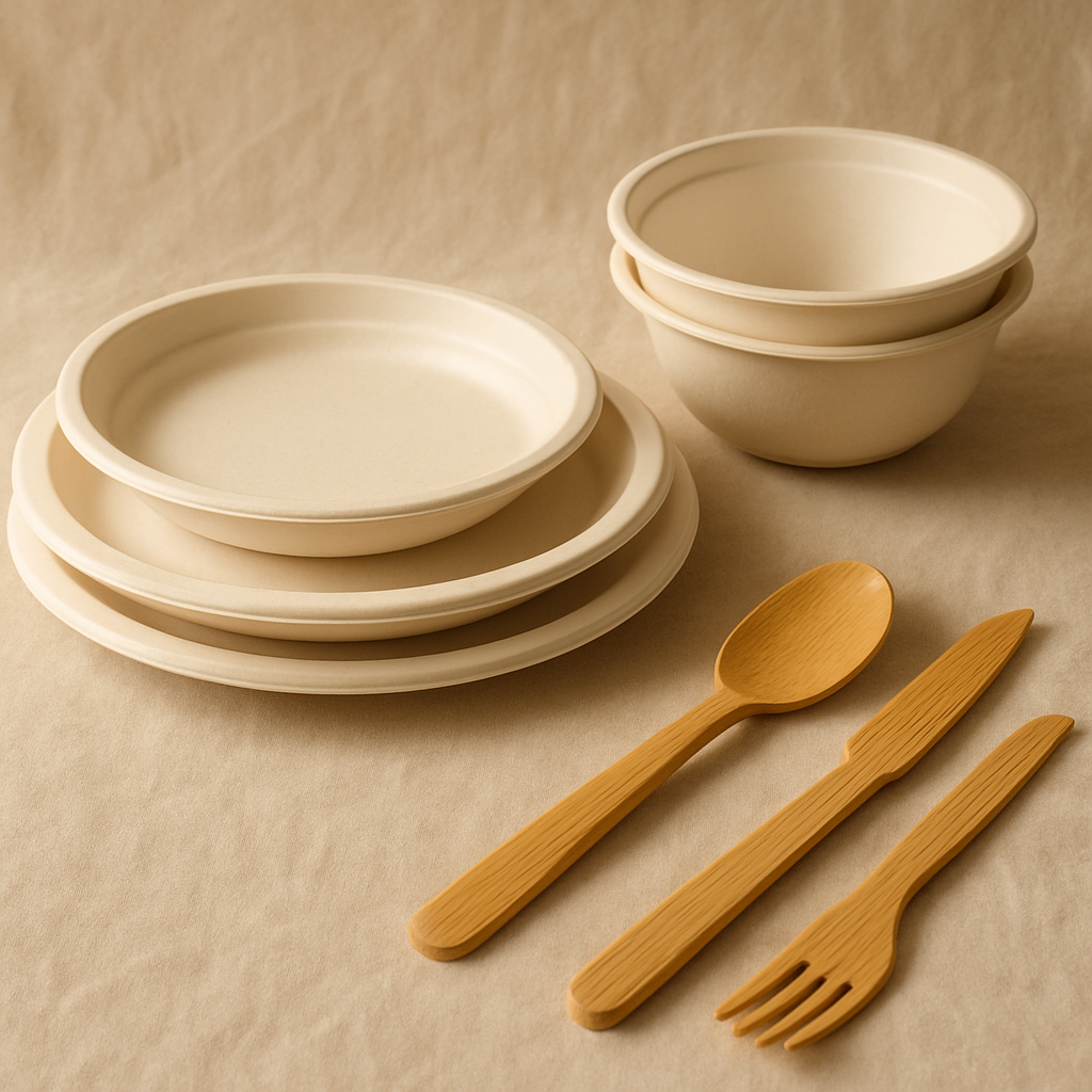 Eco-friendly tableware collection featuring plates, bowls and utensils made from natural materials